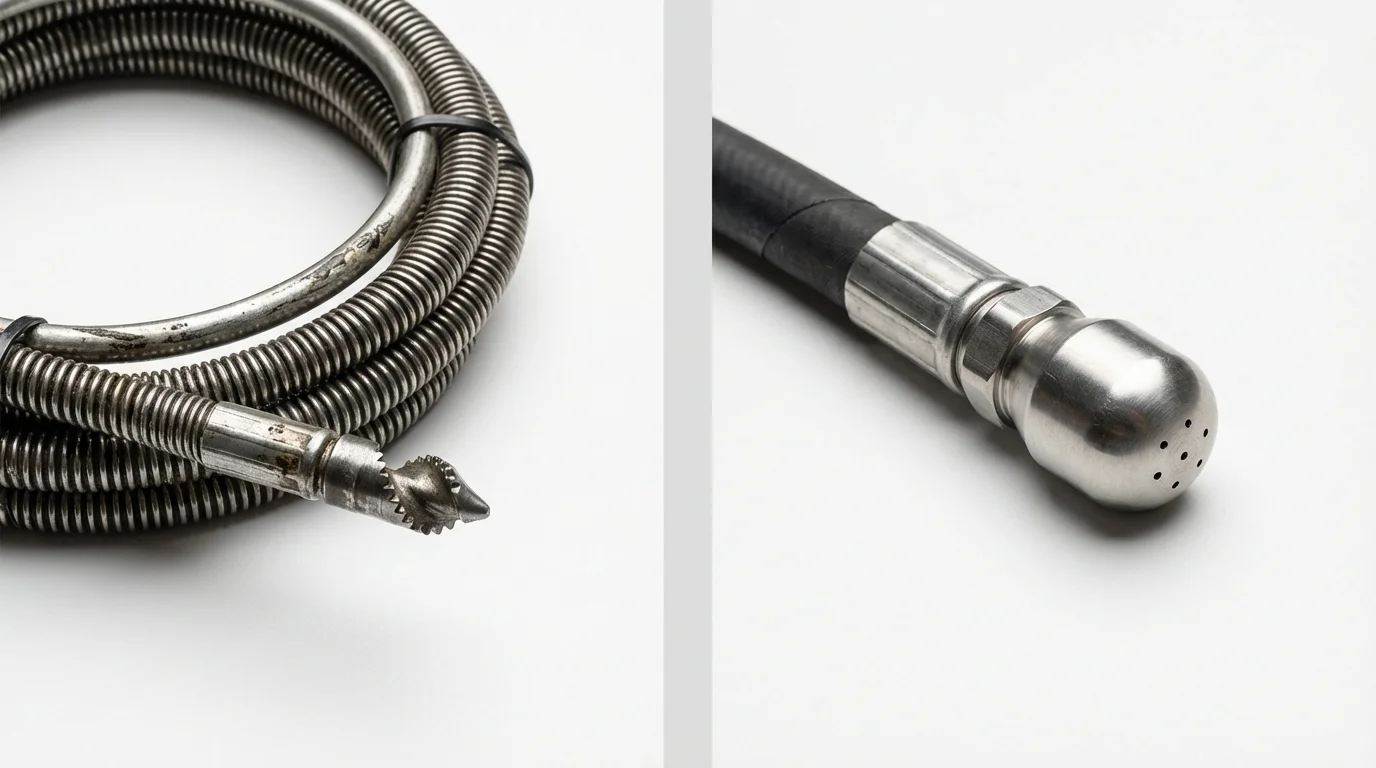 Drain snake cable and hydro jetting nozzle used for drain cleaning in Palmyra, NY