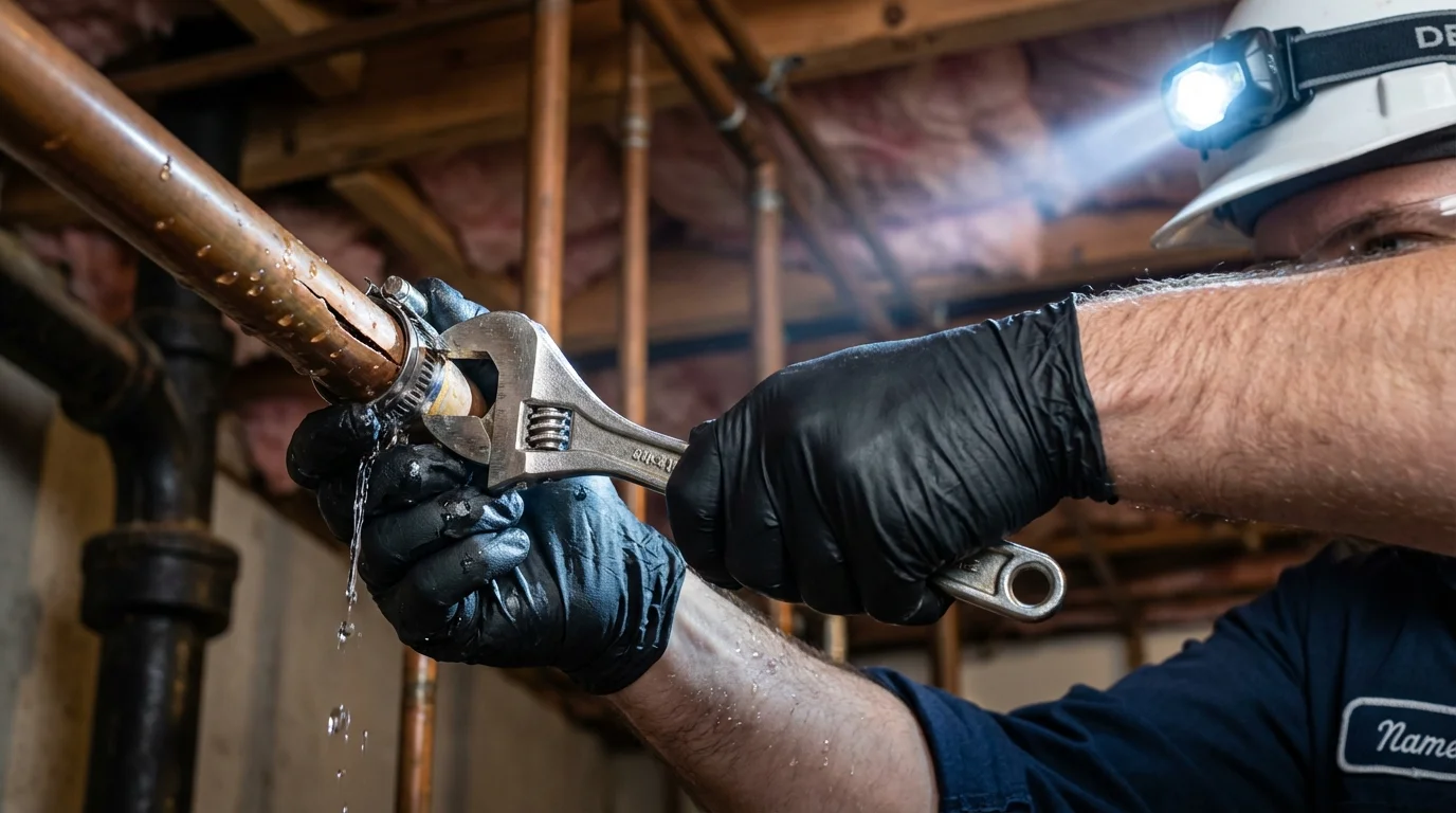 Emergency pipe clamp repair being performed by a Johns Plumbing LLC plumber in Palmyra