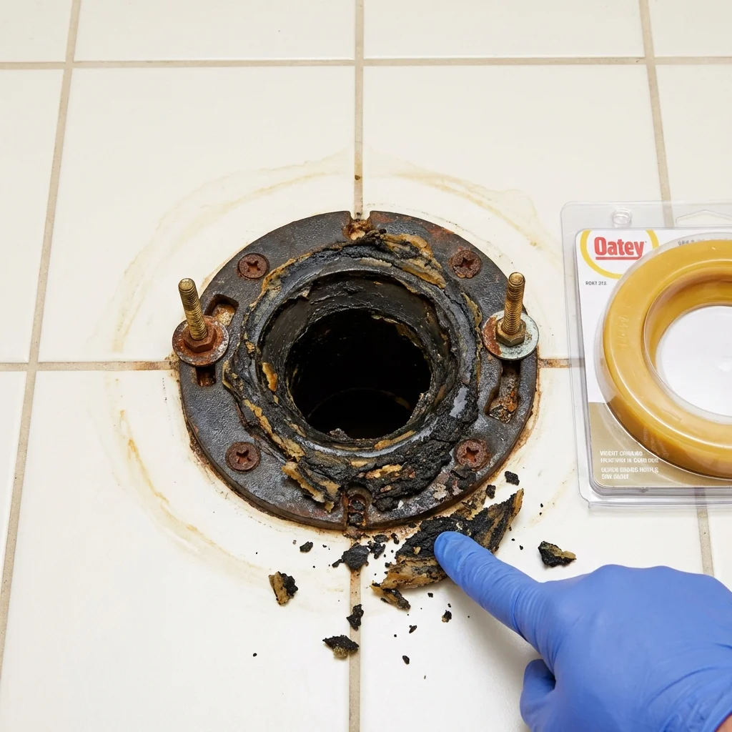 Failed wax ring showing water seepage at the base of a toilet in a Palmyra, NY home