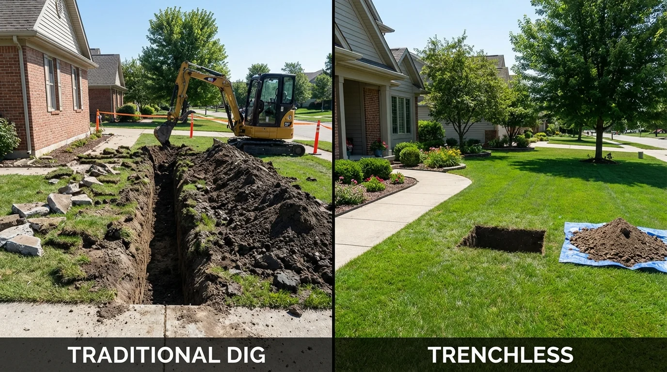 Trenchless sewer repair with minimal yard damage versus traditional excavation in Palmyra, NY