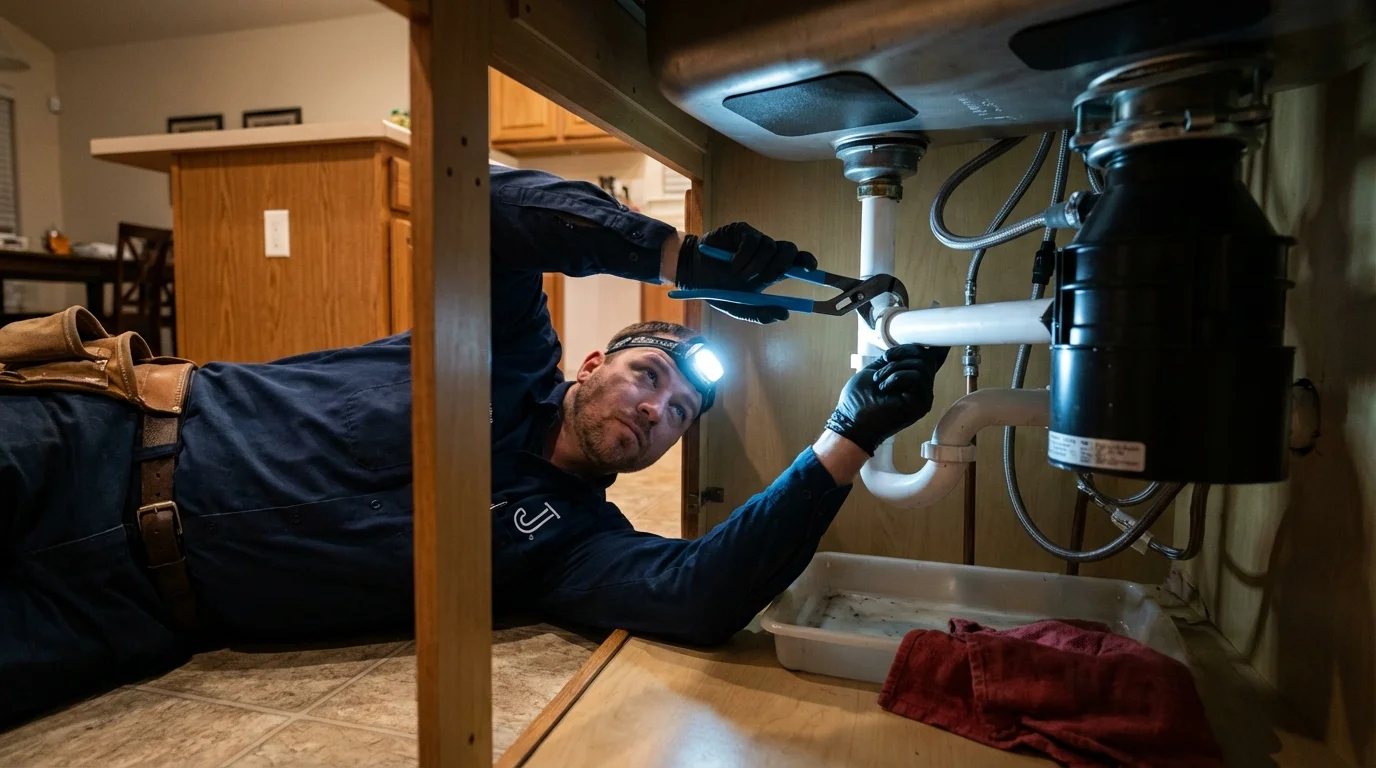 P-trap and supply line connections under a kitchen sink showing a common leak point in Palmyra, NY